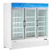 An Avantco white glass door merchandiser refrigerator.