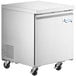 An Avantco stainless steel undercounter refrigerator with wheels and a door.