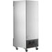 An Avantco stainless steel reach-in refrigerator with a glass door on wheels.