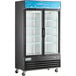 An Avantco black swing glass door merchandiser refrigerator.