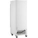 A white rectangular Avantco merchandising refrigerator with wheels.