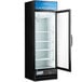 An Avantco black swing glass door refrigerator with LED lighting and shelves.