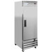 An Avantco stainless steel reach-in freezer with wheels.