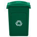 A green Rubbermaid recycling container with a green lid and a green recycle symbol.