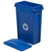 A blue Rubbermaid Slim Jim recycling container with a blue slotted lid and white recycle symbol.