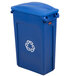 A blue Rubbermaid recycling bin with a blue slotted lid and a recycle symbol.