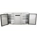 An Avantco stainless steel back bar refrigerator with two narrow solid doors.