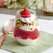 A Visions clear plastic stemless wine sampler glass with a dessert, raspberry, and whipped cream.