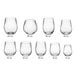 A set of 16 clear plastic stemless wine sampler glasses with measurements.