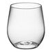 A Visions clear plastic stemless wine glass with a small base.