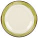 A white melamine plate with a wide rim with a brown and green circle around the edge.