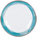 A white plate with a blue border and silver rim.