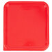 A red plastic lid for Rubbermaid square food storage containers.