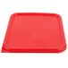 A red square Rubbermaid food storage container lid.