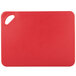 A close-up of a red Rubbermaid cutting board with a handle.