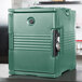 A granite green Cambro Ultra Pan Carrier with a lock on the front.