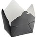 A black folded paper take-out box with black and white print.