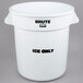 A white Rubbermaid "ICE ONLY" Brute container with black text.