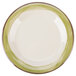 A white melamine plate with a wide rim and a green edge.