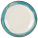 A white melamine plate with a wide rim and a blue diamond pattern on the edge.