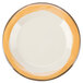 A white melamine plate with a wide ivory rim and a yellow edge.