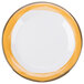 A white melamine plate with a wide white rim and a yellow rim with Kanello yellow trim.