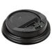 A black plastic Choice hot cup lid with a hinged tab open.