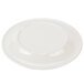 A white round melamine plate with a wide rim and a round yellow edge.