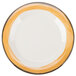 A white melamine plate with a wide ivory rim and a yellow edge.