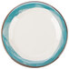 A white melamine plate with a wide ivory rim and a blue watercolor edge.