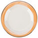 A white melamine plate with a wide rim and an orange edge.