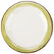A white melamine plate with a wide rim and a green border.