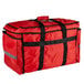 A large red soft-sided food delivery bag with black straps.