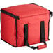 A red insulated delivery bag with black straps.