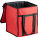 A red nylon insulated food delivery bag with black handles.