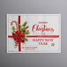 A white and red Holiday Ornaments gift certificate placemat with red ribbon and a bow.