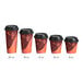A row of Choice Coffee Print paper hot cups with black lids.