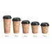 A row of brown paper coffee cups with a brown cafe print and black lids.