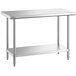 A stainless steel table with an undershelf.