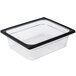 A clear plastic container with black trim covering a stainless steel pan.