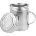 A silver stainless steel shaker with a handle and a lid.