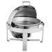 A stainless steel Vollrath Avenger round roll top chafing dish with a lid.