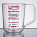 A clear Rubbermaid measuring cup with red and blue writing.