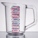 A clear Rubbermaid plastic measuring cup with red and blue scales.