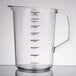 A clear Rubbermaid measuring cup with red and blue lines.