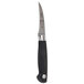 A Mercer Culinary Genesis Forged Bird's Beak Peeling Knife with a black handle and silver blade.