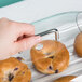 A hand holding a Cambro clear dome display cover with bagels.
