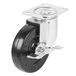 A set of six black range plate casters with silver metal wheels.