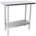 A stainless steel Advance Tabco work table with a stainless steel shelf.