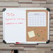 A Universal two panel board with a white dry erase board and cork board with notes and a calendar.